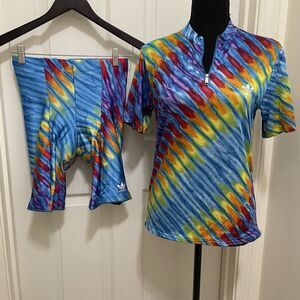 Vintage Adidas Cycling Set Shorts Shirt Tie Dye Trefoil 80s 90s USA Made RARE M‎